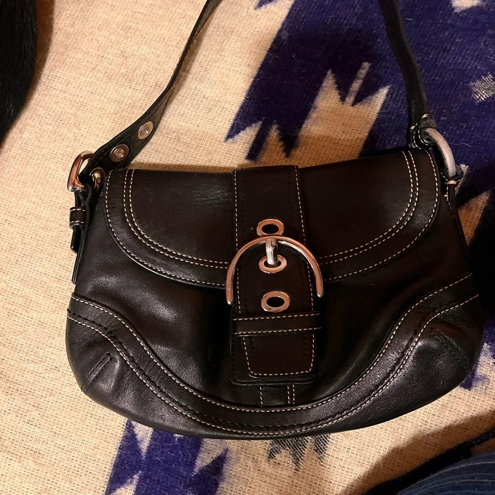 Coach Black Leather Shoulder Hobo with White Topstitching and Silver Hardware - Picture 3 of 4